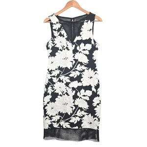 Cache Floral Brocade Sheath Dress Womens 8 Black White Mesh Inset Sleeveless